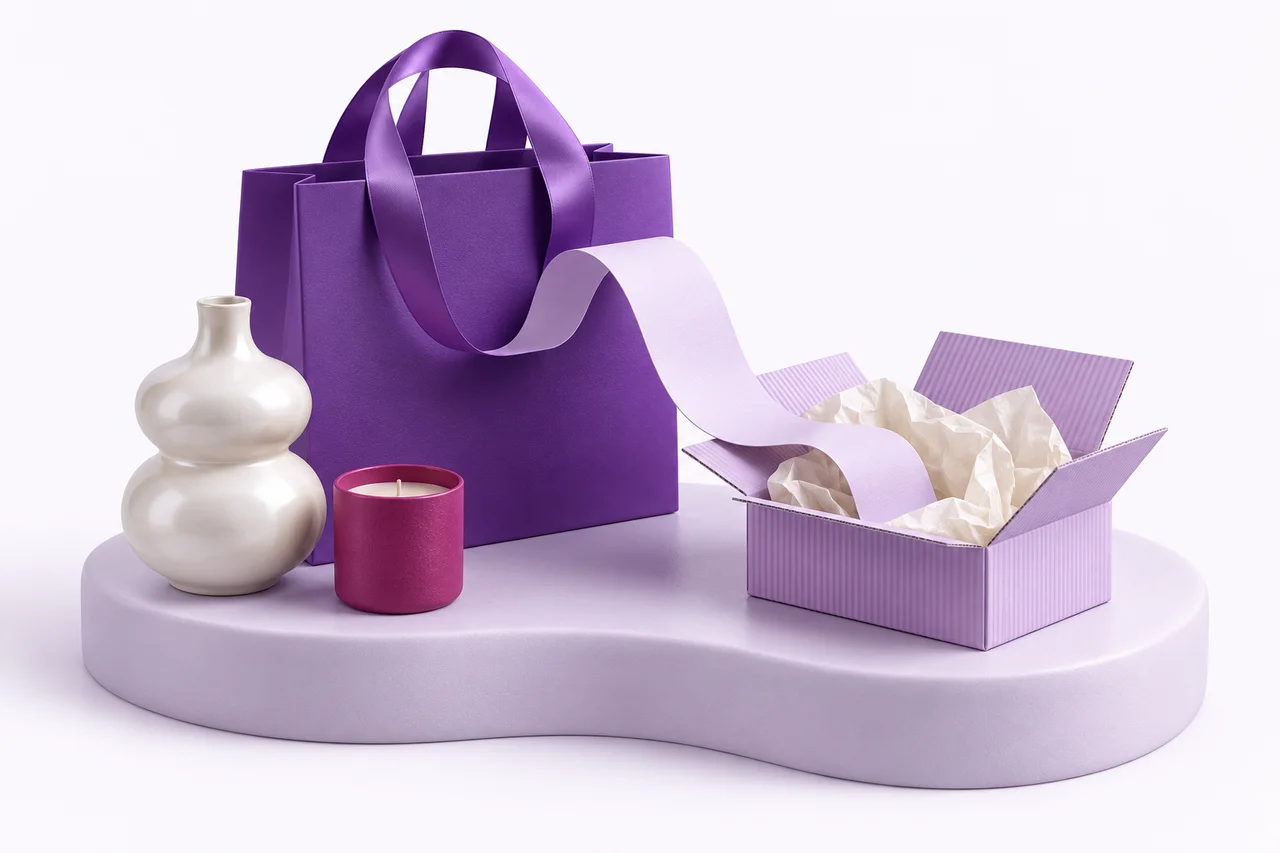 Composition de commerce en ligne : sac violet, produits et colis prêt à être préparé